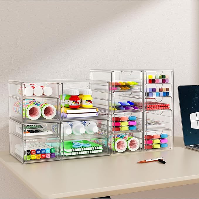 YFXCVSL Acrylic Makeup Organizer with 31 Drawers, 6 Pack Clear Storage Drawers, Bathroom Makeup Organizer for Palettes, Cosme