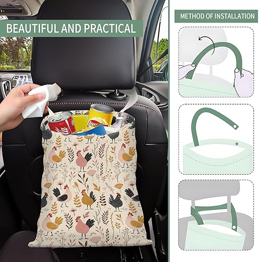 Cute Car Trash Can, Hanging Canvas Car Back Seat Organizer and Storage Bag, Funny Car Trash Bag For Travelling, Outdoor Cute Boho Chicken