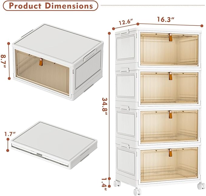 CTSNSLH 4 Tier Plastic Storage Bins with Lid - 27.5Qt Stackable with Lids for Bedroom, Living Room, Office - Foldable Contain