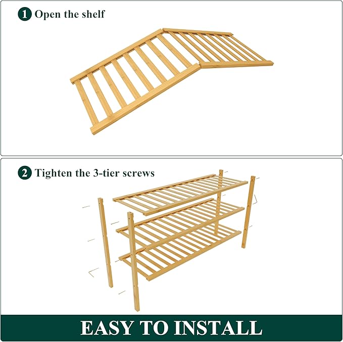 Smiry Bamboo Shoe Rack for Closet, 3 Tier Long Wooden Stackable Shoe Organizer, Free Standing Shoes Storage Shelf for Entrywa