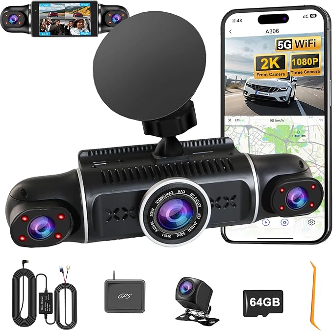 4 Channel Dash Cam Front and Rear Inside Back 360° FHD 2K Dash Camera for Cars, WiFi, GPS, G-Sensor, WDR 24/7 Parking Mode, 1
