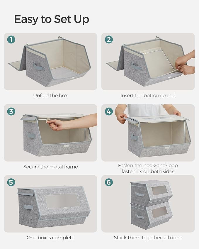 SONGMICS Stackable Storage Bins Set of 2, Storage Boxes with Lids and Front Windows, Non-Woven Fabric Closet Organizers with 