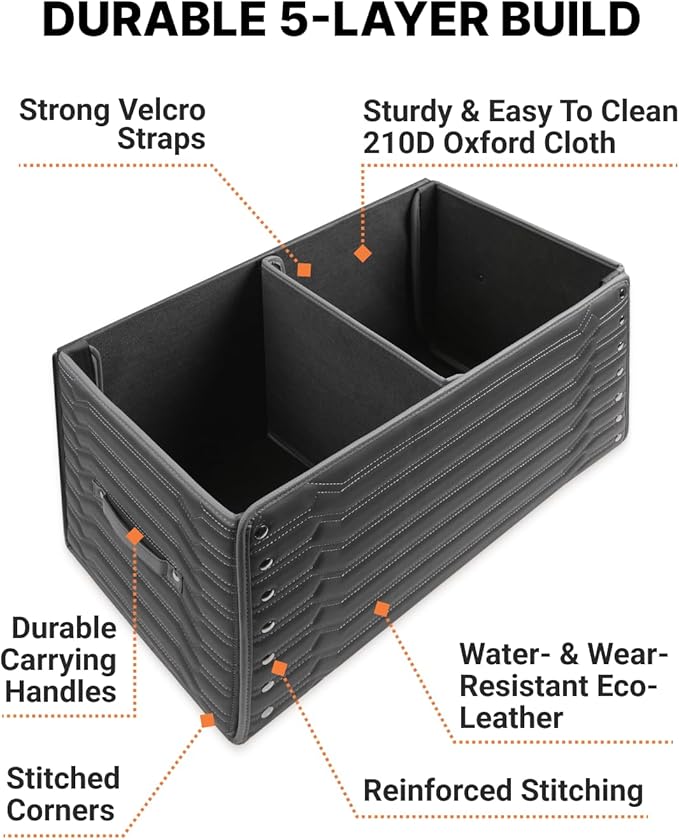Owleys Trunk Storage 17.7" Collapsible Crate For Groceries, Tools & Travel Gear - Eco-Leather Car Organizer With Magnetic