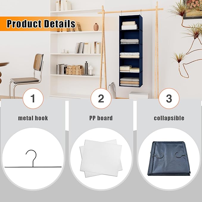 Hanging Closet Organizer and Storage 5-Shelf, Easy Mount Foldable Hanging Closet Wardrobe Storage Shelves, Clothes Handbag Sh