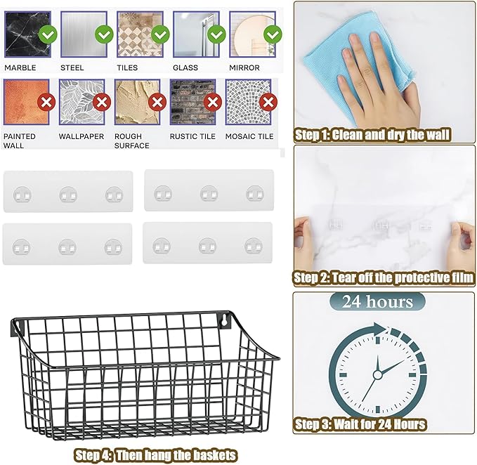 2 Pack Wall Hanging Baskets for Organizing, Large Metal Wire Basket with 5 Hooks+2 Strong Long Adhesive Hooks,Kitchen Hanging