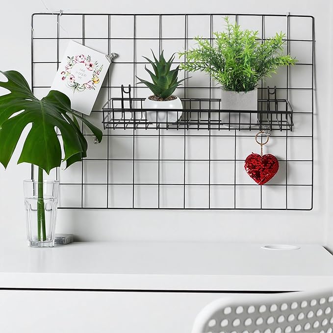 4 Pcs Black Metal Grid Wall Baskets with Hooks, Hanging Wire Storage Organizer Shelf for Kitchen Bathroom Office, 15.75 x 3.9