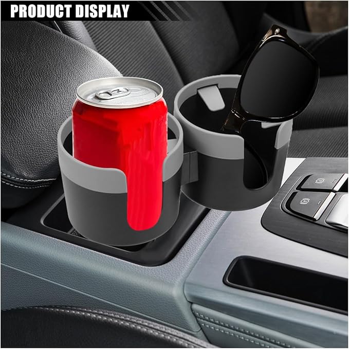 Car Double Cup Holder Extender, 2-in-1 Car Cup Holder Adapter with Adjustable Base, Universal Multifunctional Cup Holder Organizer for Beverage, Snack, Cup, Bottle Storage (Grey)