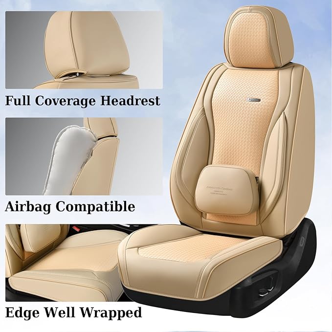 Coverado Seat Covers, Car Seat Covers Front Seats, Waterproof Nappa Leather Auto Seat Cover with Lumbar Head Pillow, Beige Se