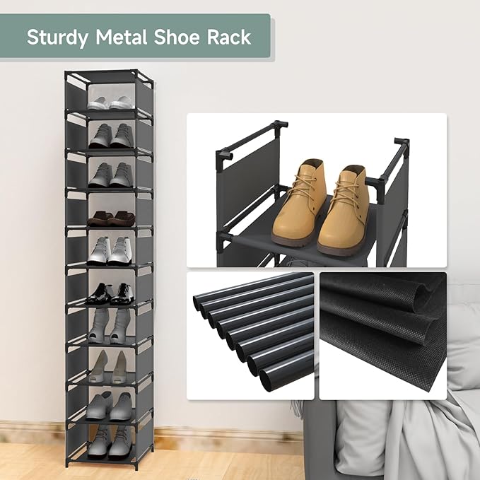 Vertical Shoe Rack, 10 Tier Narrow Shoe Rack for Closet & Entryway, Space Saving Tall Shoe Organizer for Small Spaces, Sturdy