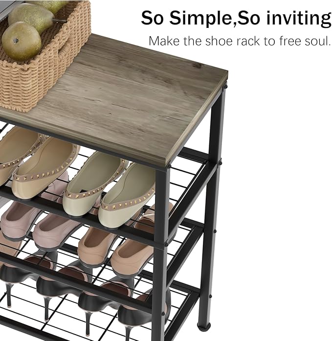 4-Tier Metal Shoe Rack with Wood Top - Durable & Space-Saving Shoe Organizer,Industrial Shoe Organizer Shelf Bench Storagefor