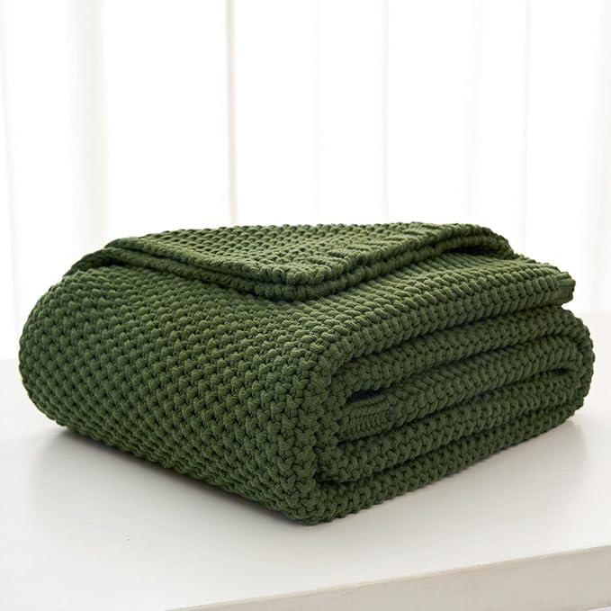 Chunky Cable Knit Throw Blanket Lightweight Olive Green 100% Organic Cotton Blanket for Sofa Couch Bed Baby Nursery, Rustic S
