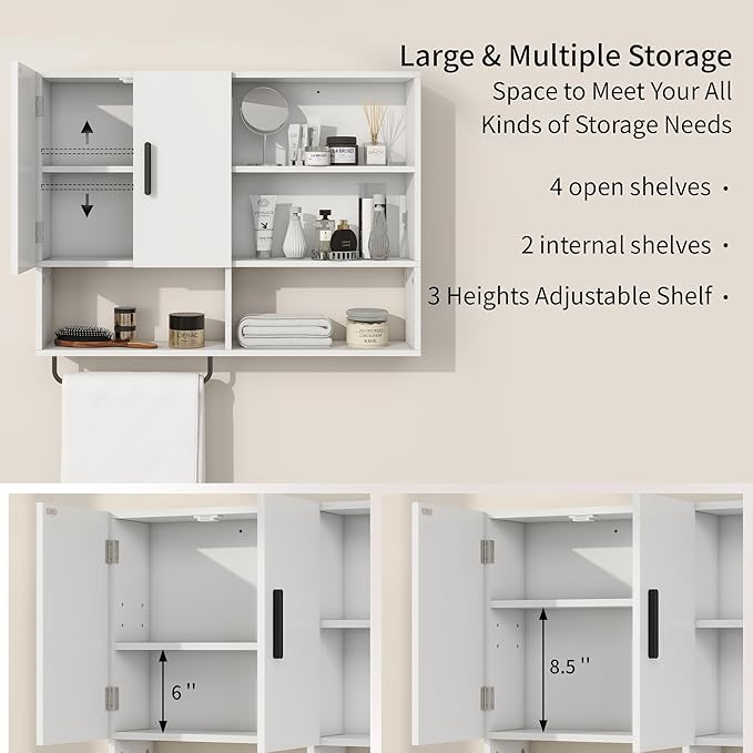 Medicine Cabinet, Wooden Bathroom Wall Cabinet with 2 Doors, Adjustable Shelves & Towel Bar, Over Toilet Storage Cabinet Wall