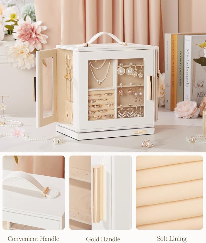 Homde Jewelry Box 360° Rotating, Necklace Earring Organizer with Transparent Window, Mirror, 7 Drawers, Large Ring Display St