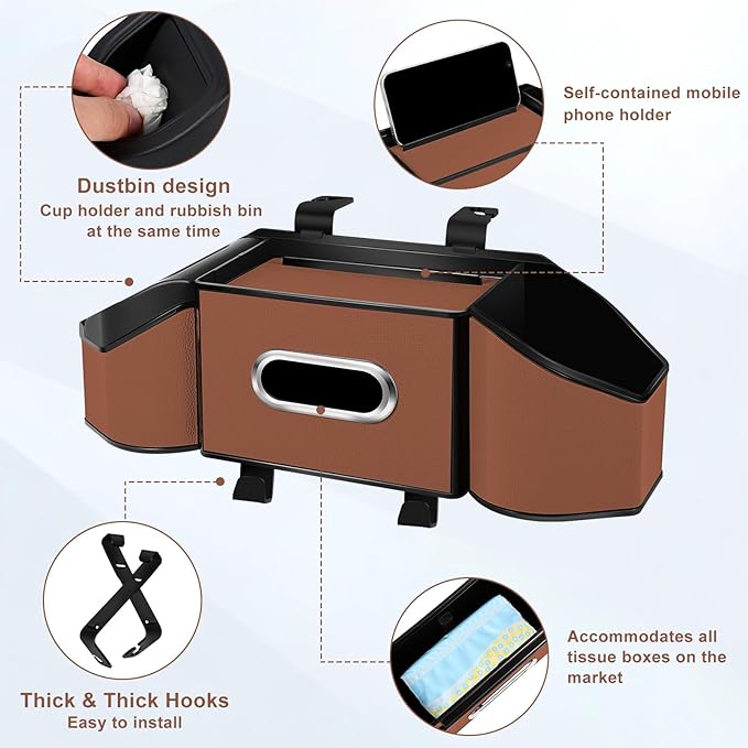 7-In-1 Car Seat Back Organizer with Cup Holders, Tissue Box, Garbage Can&Hooks, Multifunctional Headrest Storage Organizer, Headrest Cup Holder for Backseat, Car Accessories for Trips, Travels(Brown)
