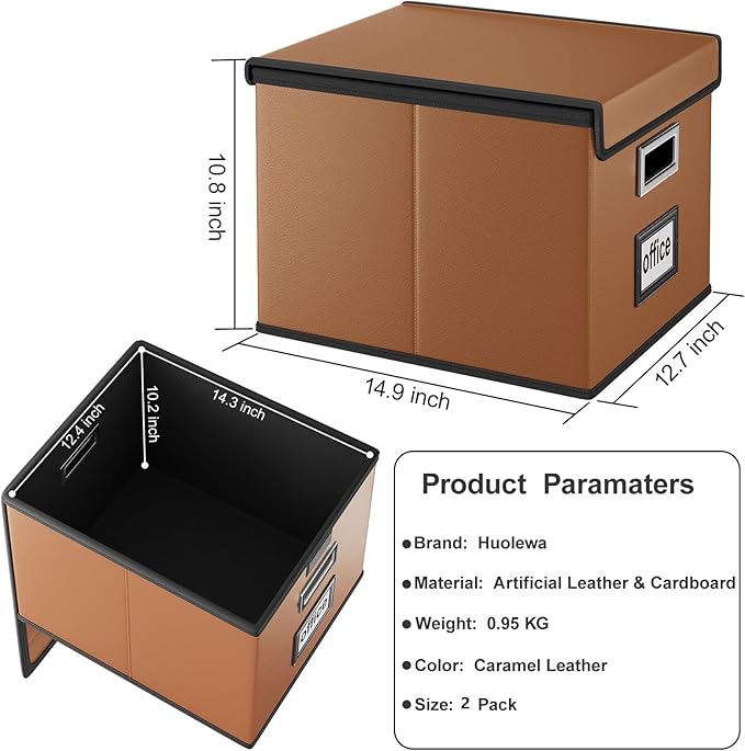 Huolewa File Organizer Boxes with Lids, Collapsible Faux Leather Hanging File Folder Box Organizer with Plastic Slide, Decora