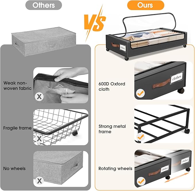 Under Bed Storage with Wheels 1Pack Storage Containers with Clear Window&Label Under Bed Drawers Rolling Under Bed Storage fo