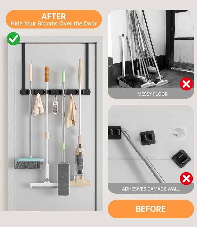 Broom Holder Over The Door - 304 Stainless Steel Mop and Broom Holder Wall Mounted or Hanging Over The Door with Hooks - Broo
