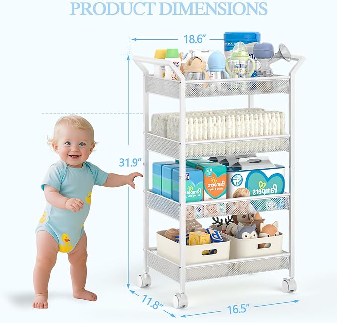 Baby Diaper Caddy Cart, 4-Tier Diaper Caddy Organizer and Storage, Rolling Utility Cart for Baby Supplies, Diaper Cart with W