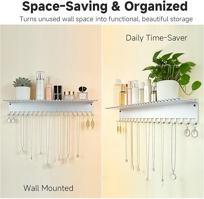 Necklace Jewelry Holder Wall Hanging Organizer Hangers Storage Mounted Shelf with 56 Hooks Tray Display Girls Women Metal Doo