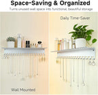 Necklace Jewelry Holder Wall Hanging Organizer Hangers Storage Mounted Shelf with 56 Hooks Tray Display Girls Women Metal Doo