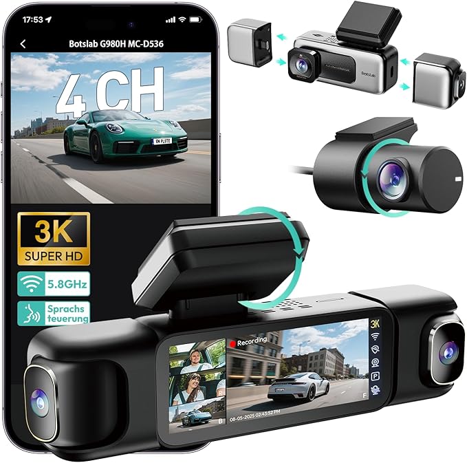 BOTSLAB 4 Channel Dash Cam 3K Front and Rear Inside 560° Coverage with Magnetic Side Cameras Car Camera with 3.18”Touch Scree