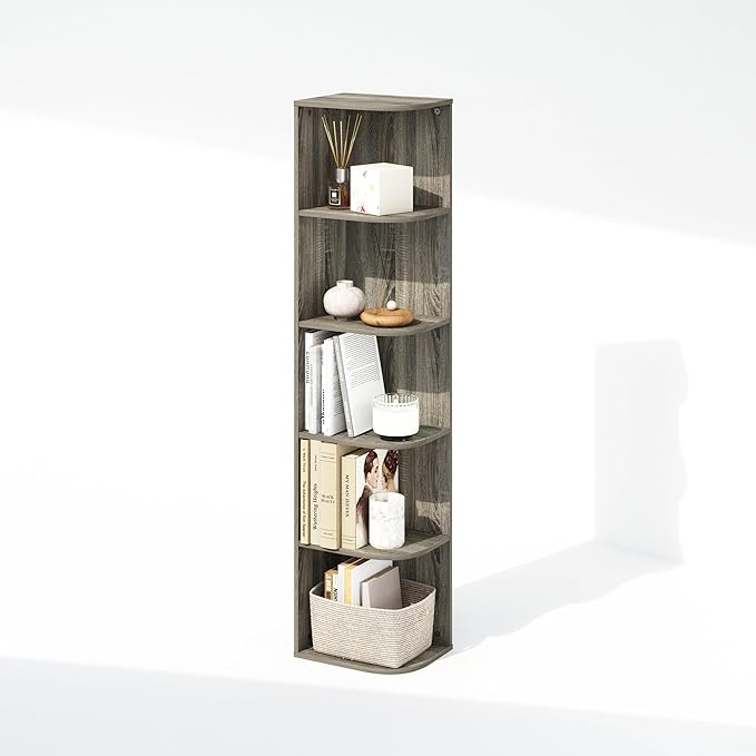 Furinno Reed Corner Shelf, 5-Tier Corner Bookshelf, Book Shelf, Corner Shelves, Storage Rack, for Organization and Storage, H