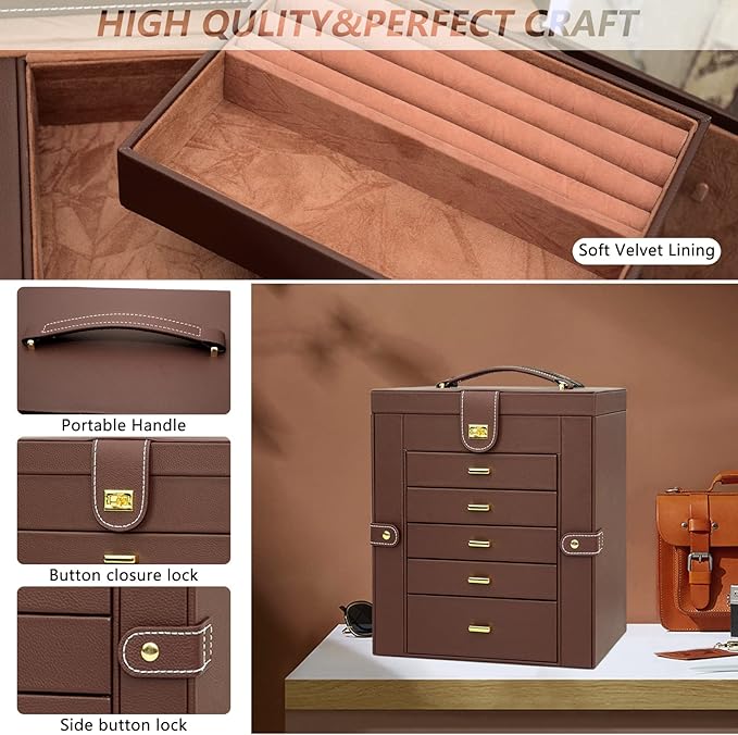 AKOZLIN Extra Large 6-Tier Jewelry Box Organizer with Mirror, 5 Drawers Leather Jewelry Storage Case for Women Girls Ring Nec