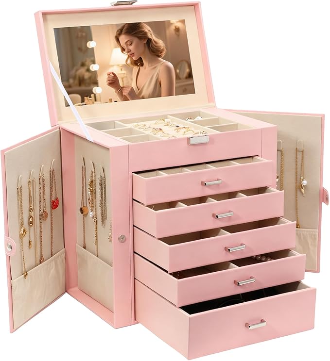 BOOVO Jewelry Box For women, 6 Layer Large Jewelry Organizer With Mirror, Multi-Function Storage Box With Lock, Necklace Hold