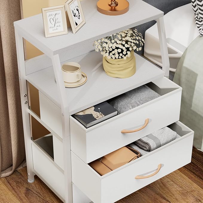 Furnulem White Nightstand with 3 Drawers and 2-Tier Shelf, Small Night Stand End Table Side Furniture, Fabric Storage Organiz