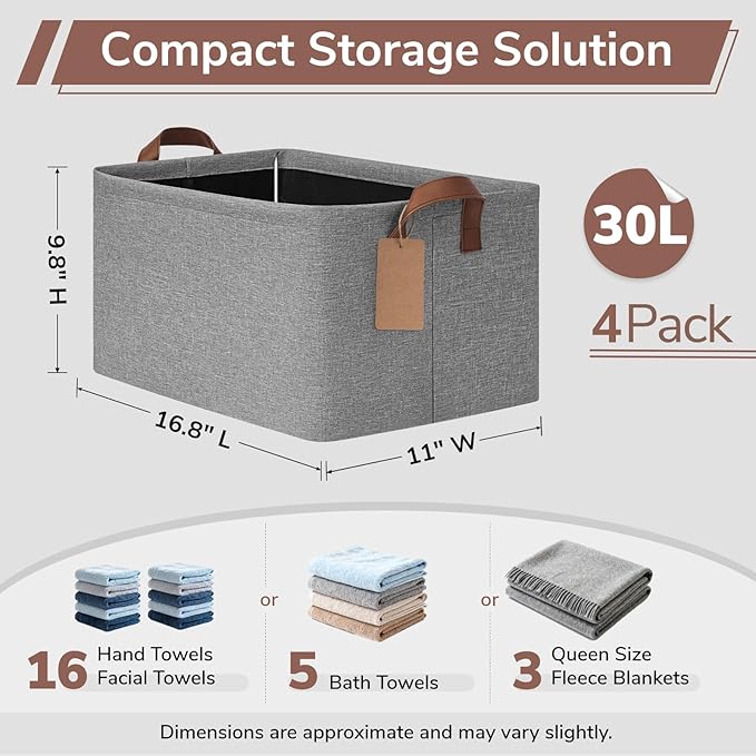 CHICVITA 4 Pack Large Storage Baskets for Shelves, Foldable Storage Bins for Clothes Towels Organization, Toy Organizer Bins 