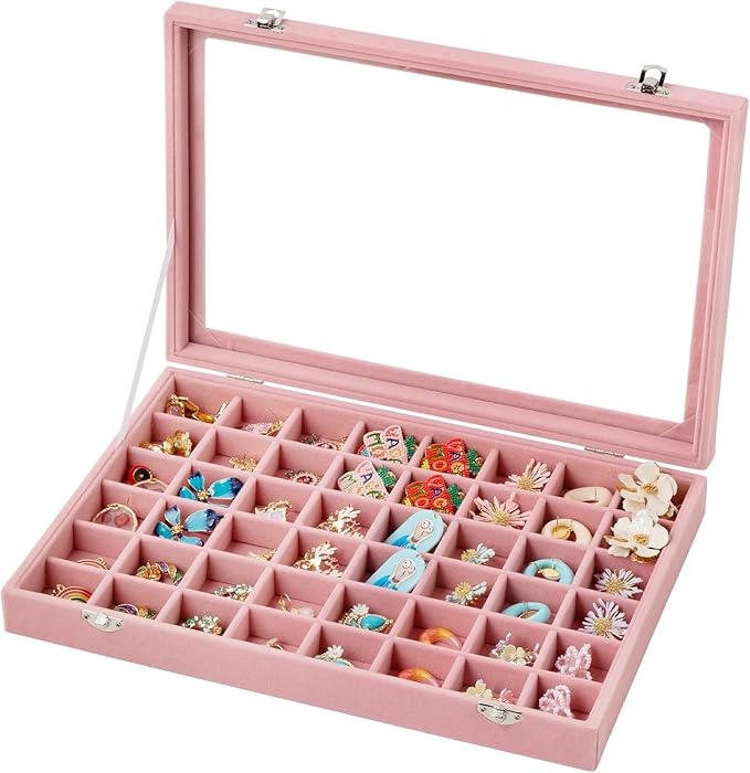 Frebeauty 48 Grid Jewelry Tray,Adjustable Earring Holder Organizer with Glass Lid,Velvet Drawer Jewelry Organizer for Rings,S