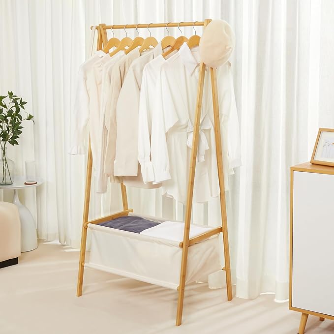 Cozivolife Bamboo Clothes Rack with Storage Box, Garment Holder Clothing Stand for Hanging Coat, Foldable Wardrobe Organizer 