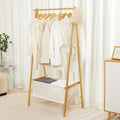 Cozivolife Bamboo Clothes Rack with Storage Box, Garment Holder Clothing Stand for Hanging Coat, Foldable Wardrobe Organizer 