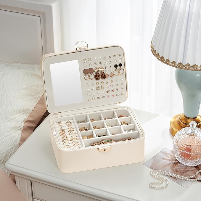 Lolalet 2 Layer Jewelry Box with Lock and Key for Teen Girls & Young Women, Jewelry Organizer Case with Round Clasp and Mirro