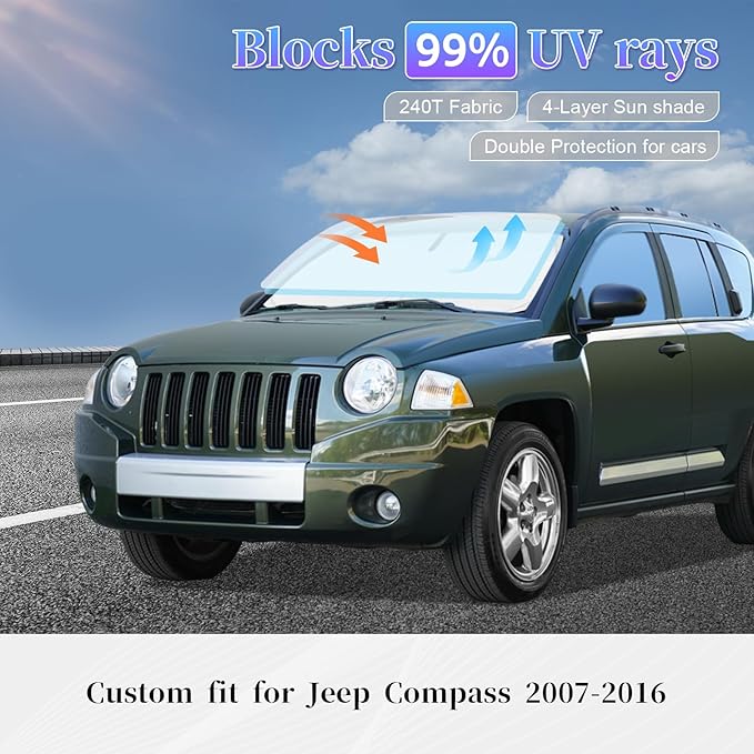 Sun Shade Sunshade for Jeep Compass 2007-2016 Windshield Cover, 4-Layer Front Window Shade Custom fit CompassSun Visor 240T Retractable Shade Shield Blocks UV Rays Cooler Car Accessories