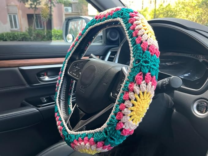 Crochet Sunflower Car Steering Wheel Covers Orange Universal 14-15 inch for Women/Men (C:Steering Wheel Cover)