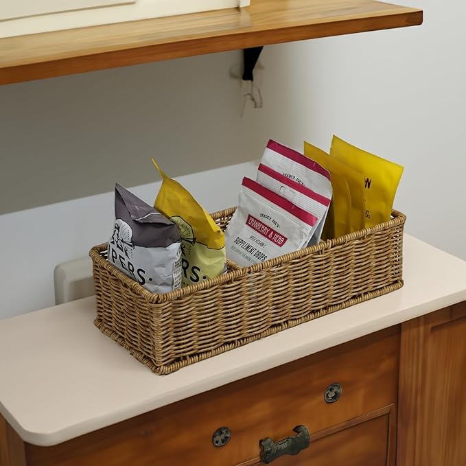 Waterproof Wicker Basket With 3 Compartments, Hand Woven Bathroom Counter Organizer, Small Storage Basket for Toilet Paper St