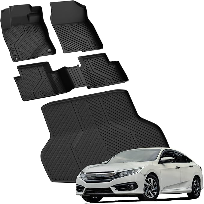 LASFIT Floor Mats & Trunk Mat for Honda Civic Sedan 2016-2021, All Weather TPE Custom Fit Floor Liners for 2016 2017 2018 2019 2020 2021, 1st & 2nd Row & Cargo Mat, Black (Not for Hatchback/Coupe)