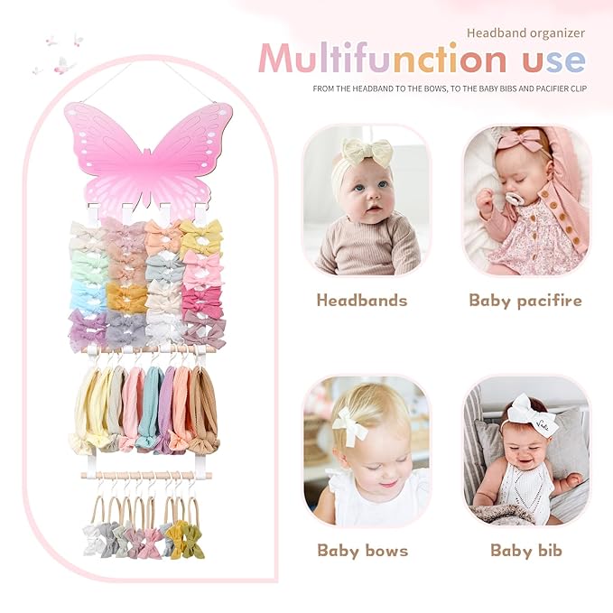 POVETIRE Headband Holder Bow Holder for Girls Hair Bows,Butterfly Hair Accessories Organizer Storage Wall Hanging Display for