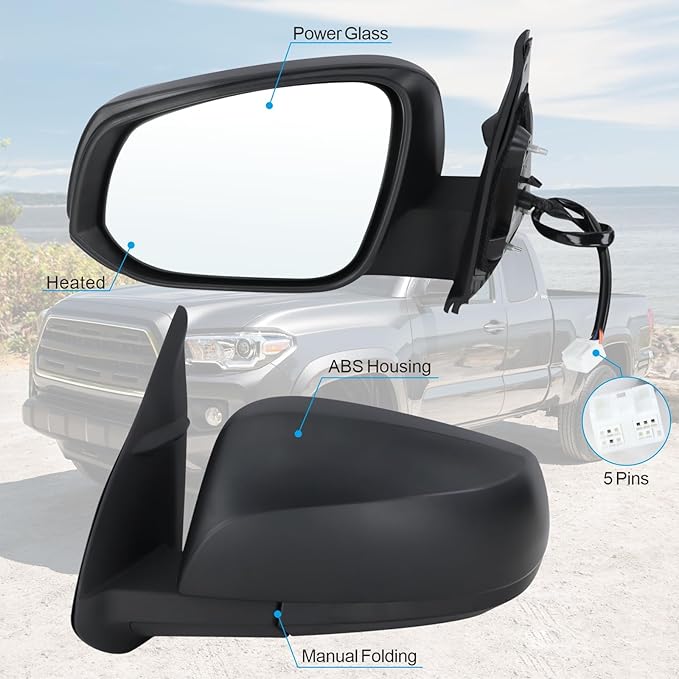 Left Driver Side Mirror Compatible With 2016 2017 2018 2019 2020 2021 2022 Toyota Tacoma With Manual Folding Power Glass Heated Matte Black Replace#8794004230 (5Pins)