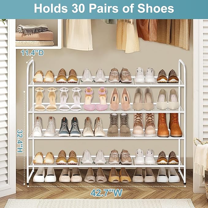 AOODA 4 Tier Long Metal Shoe Rack for Closet Wide Stackable Shoe Storage Organizer for Entryway, Bedroom, Floor, Holds 30 Pai