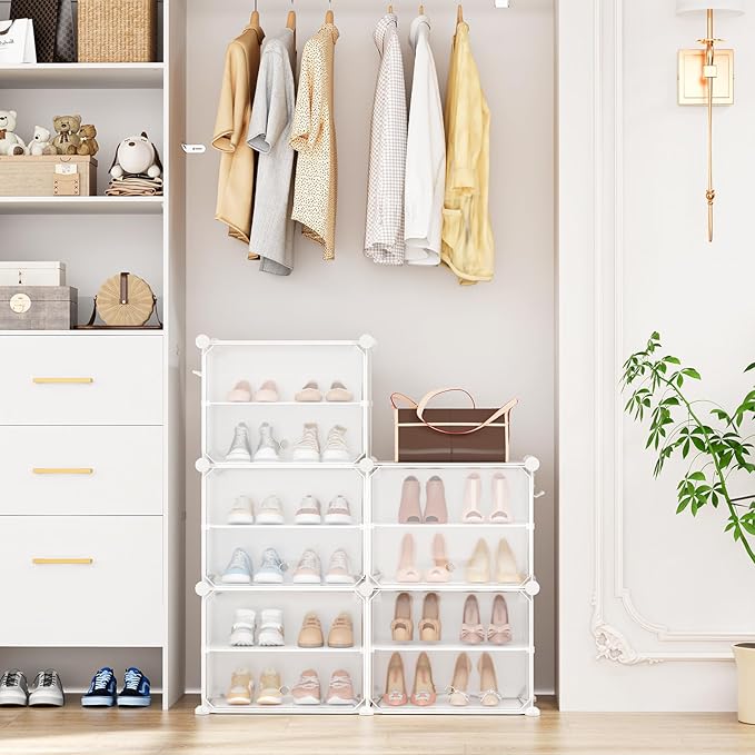 Shoe Rack 10 Tier Shoe Storage Cabinet with Door 20 Pair Tall Shoes Rack Organizer Free Standing Expandable Stable Plastic Ea