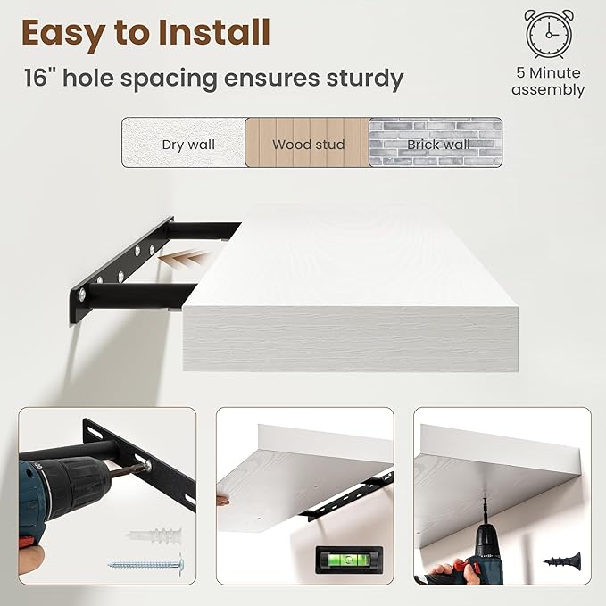 24 Inch Floating Shelves for Wall, 8 Inch Deep Floating Shelf for Storage & Display, Rustic Wall Mounted Shelf with Invisible