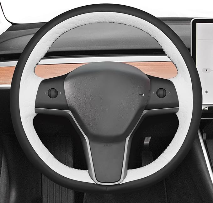 MEWANT Hand Stitched Real Leather Steering Wheel Cover for Tesla Model 3 2017-2023 / Model Y 2020-2023 for Tesla Model 3/Y Accessories(3D Style)