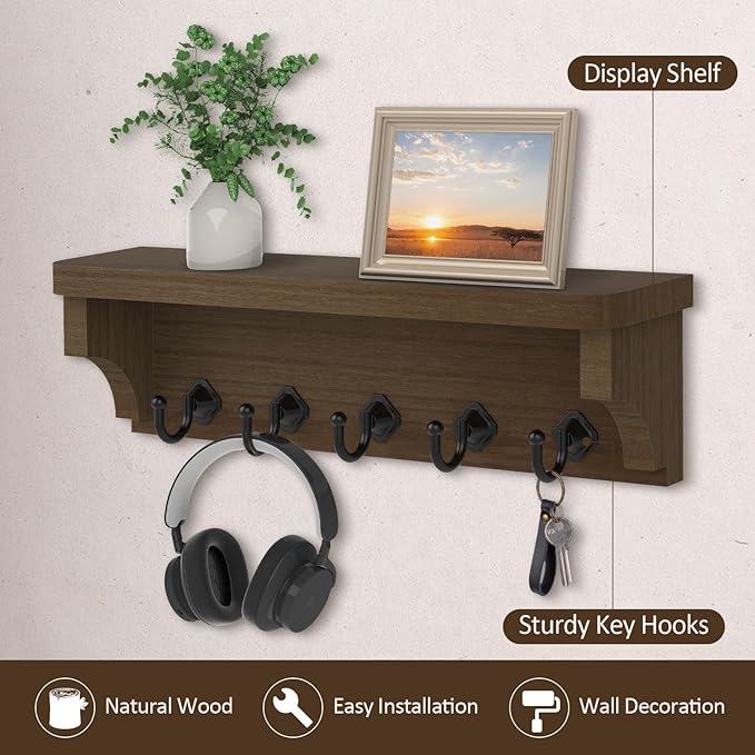 Nekon Key Holder for Wall, 11.8" W x 3.5" H x 2.8" D Decorative Key Organizer with Floating Shelf, Wall Mount Key Rack with 5