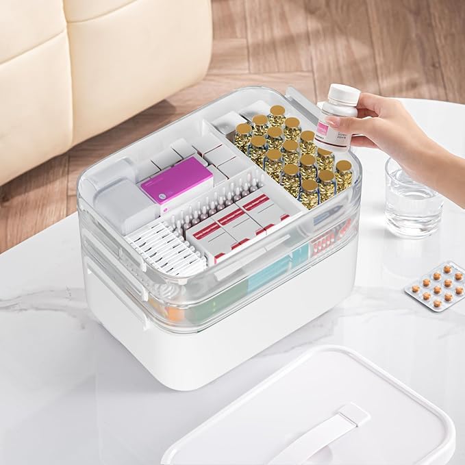 TERGOO 3-Tier Medicine Cabinet Organizer, Portable Medicine Storage Box with Handle, Empty First Aid Kit for Home