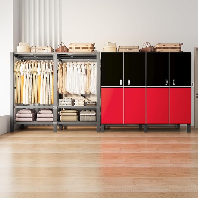 Heavy Duty Portable Closet Wardrobe, Garment Rack with Cover & Hanging Rods, Freestanding Wardrobe with Magnetic Door, Metal 