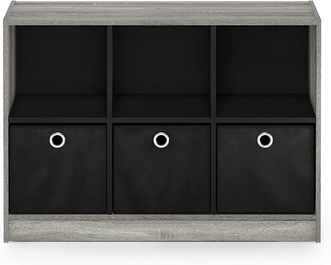 Furinno Basic 3x2 Cube Storage Bookcase Organizer with Bins, French Oak Grey/Black