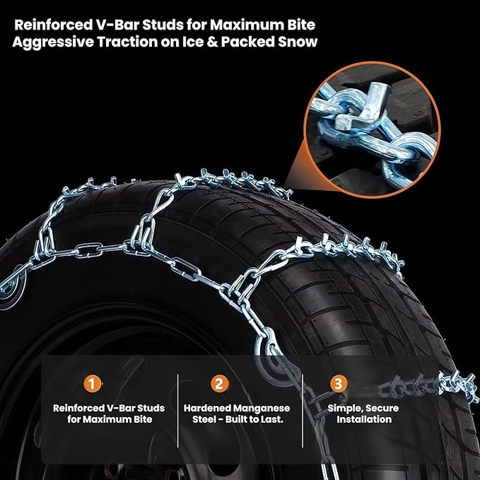Super Grip V-Bar Ice & Snow Chains 2 Pack for Cars & SUVs - 14" to 18" Tire Anti-Slip Ice & Deep Snow Traction, Easy Installa