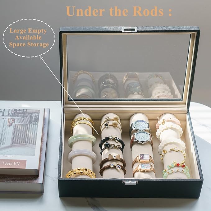 Bracelets Organizer Rods Bangles Display Holder, Clear See through Lid Leather Velvet Jewelry Storage Box Case for Women, 4 R